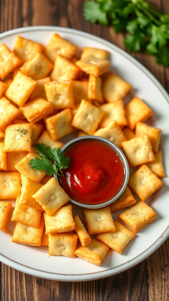 A plate of crispy garlic butter Ritz Bits garnished with parsley, served with marinara sauce on a wooden table.